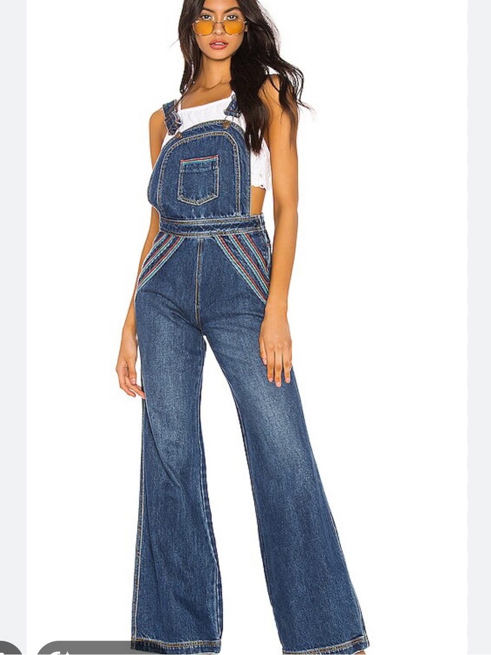 Free People Blue Denim Overalls with Multicolor Stripe Detail